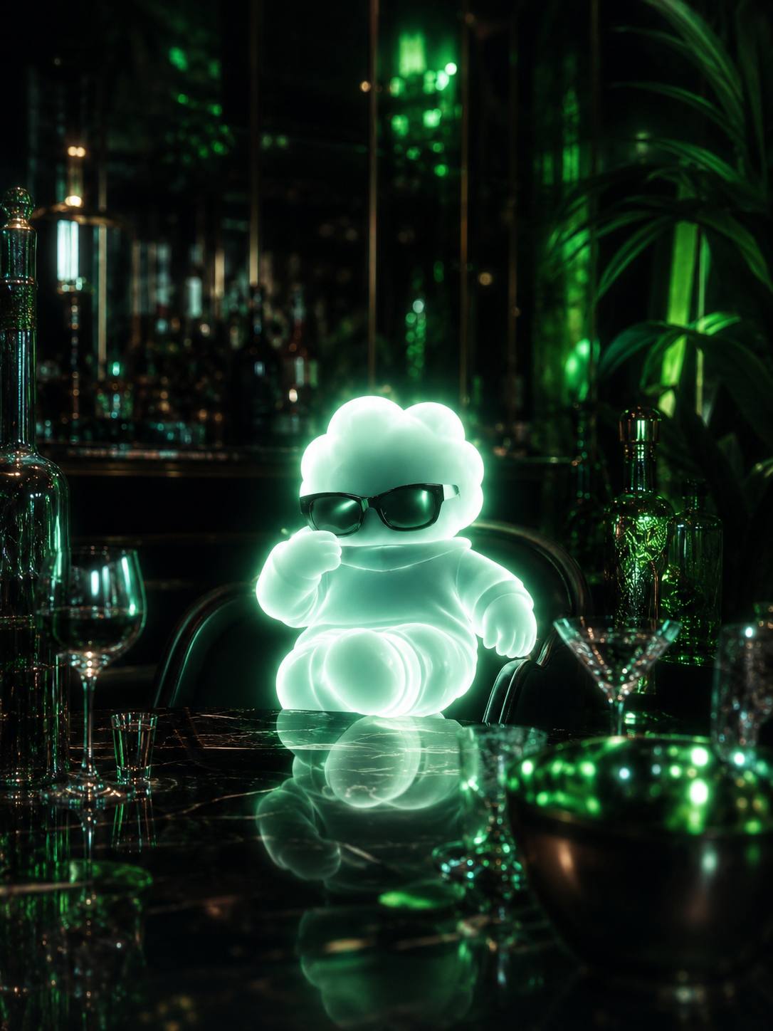 Ascend wearing sunglasses at a green-lit bar table