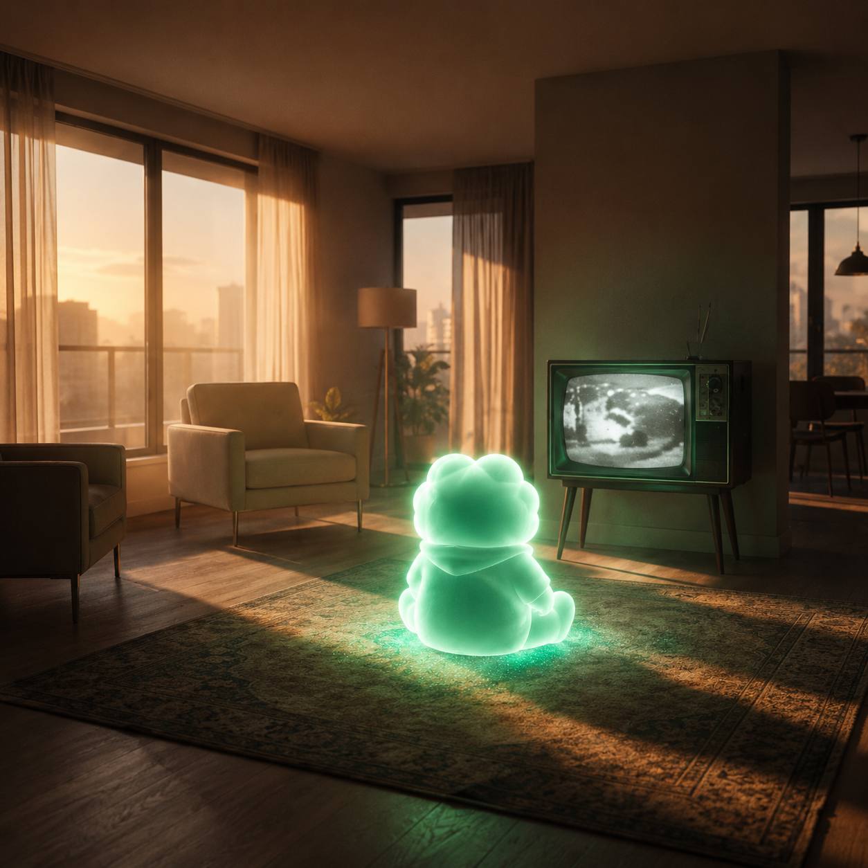 Ascend in a sunset room with a vintage television