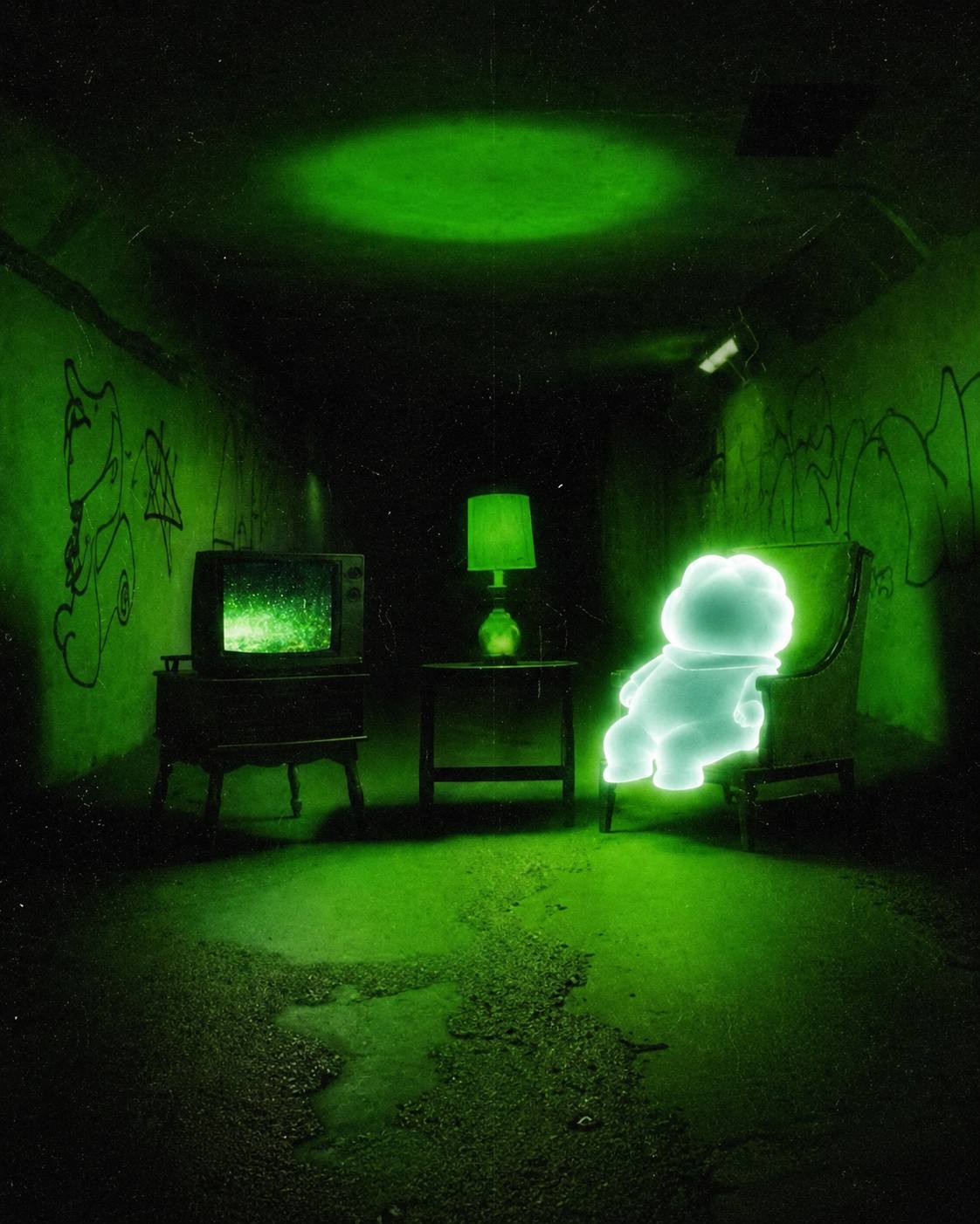 Ascend in a green room with a television and lamp