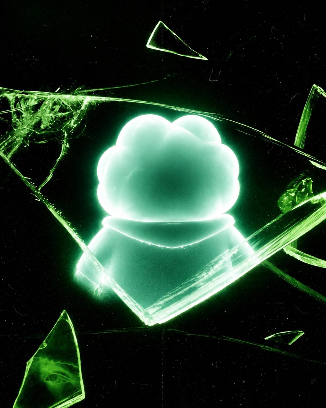 Ascend surrounded by shattered green glass