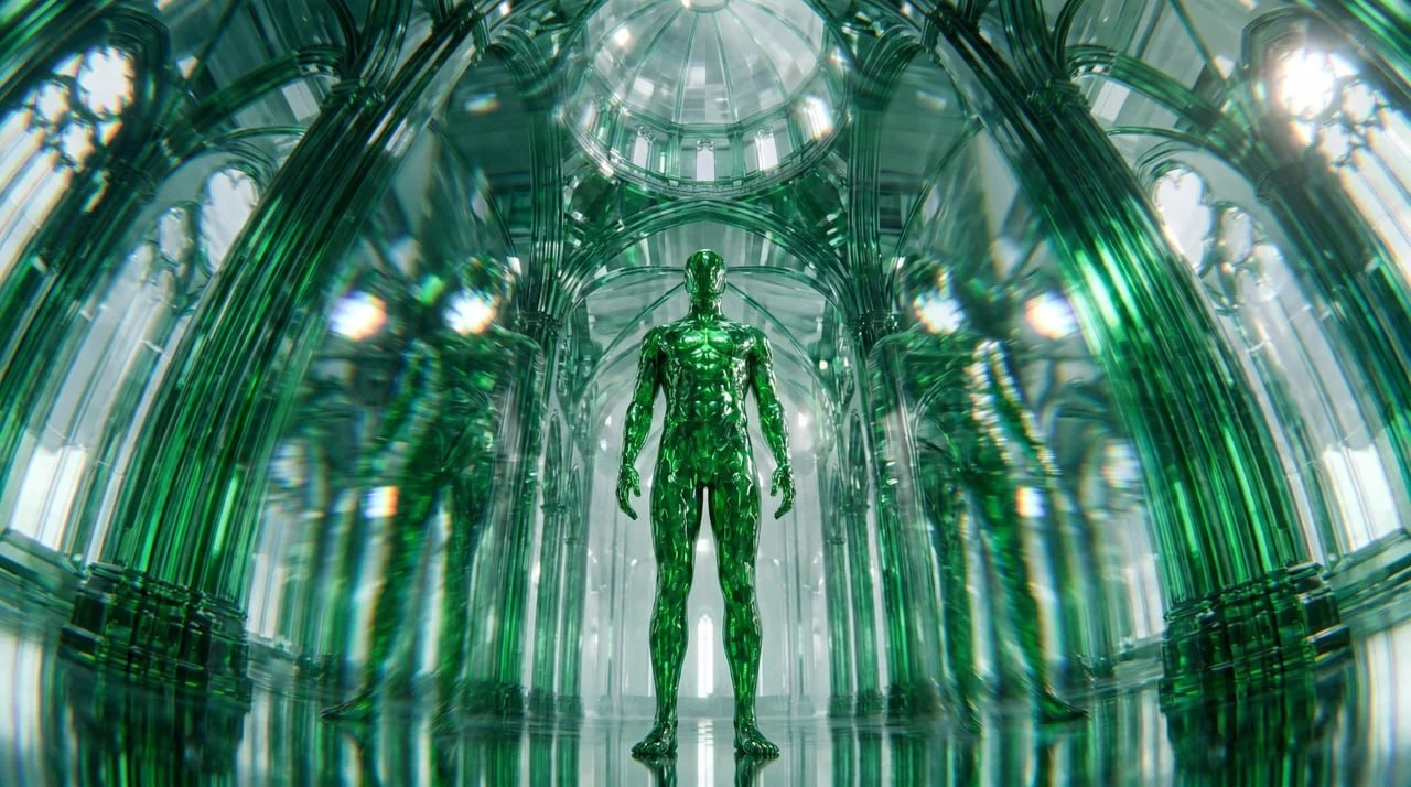 Ascendant standing in a reflective glass cathedral