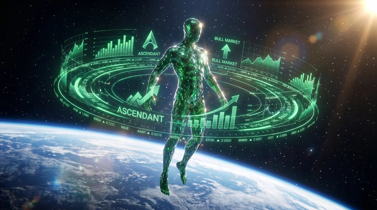 Ascendant among floating emerald monoliths in a desert