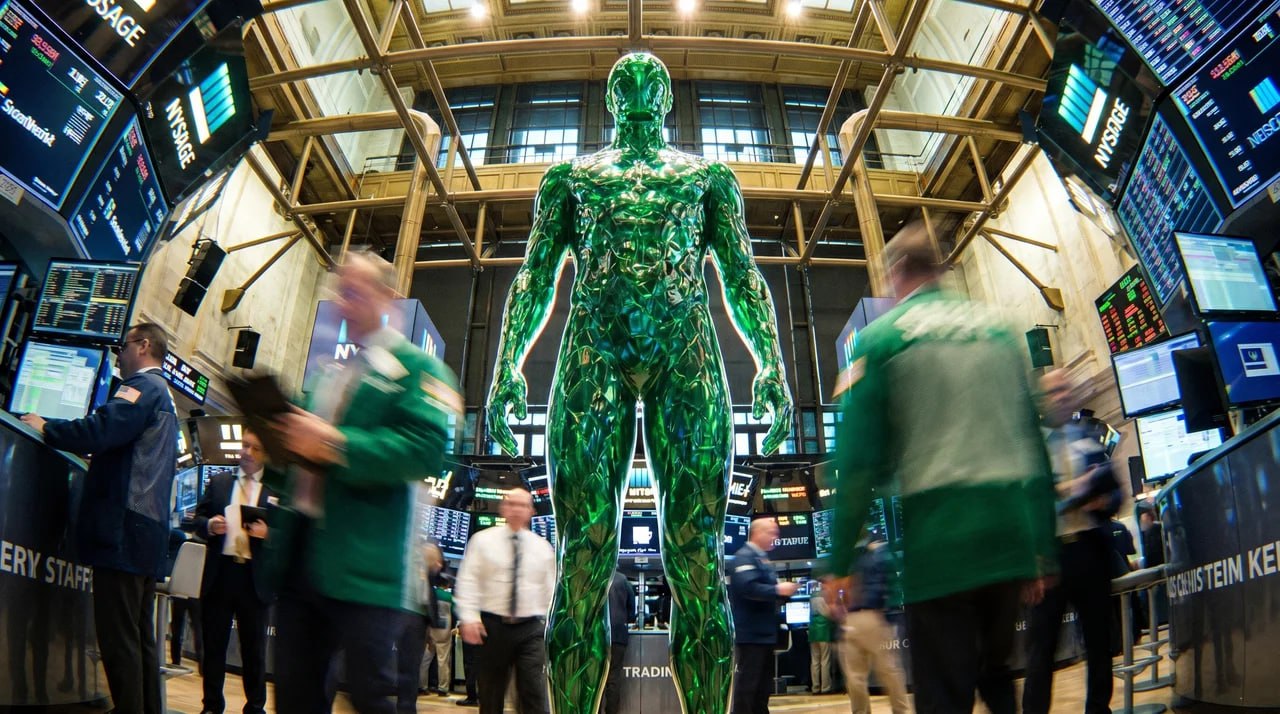 Ascendant on a trading floor with motion-blurred traders