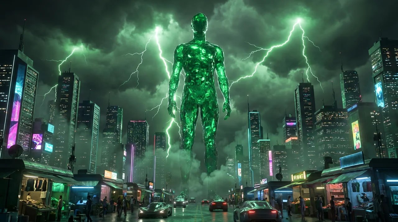 Ascendant floating above a stormy neon city